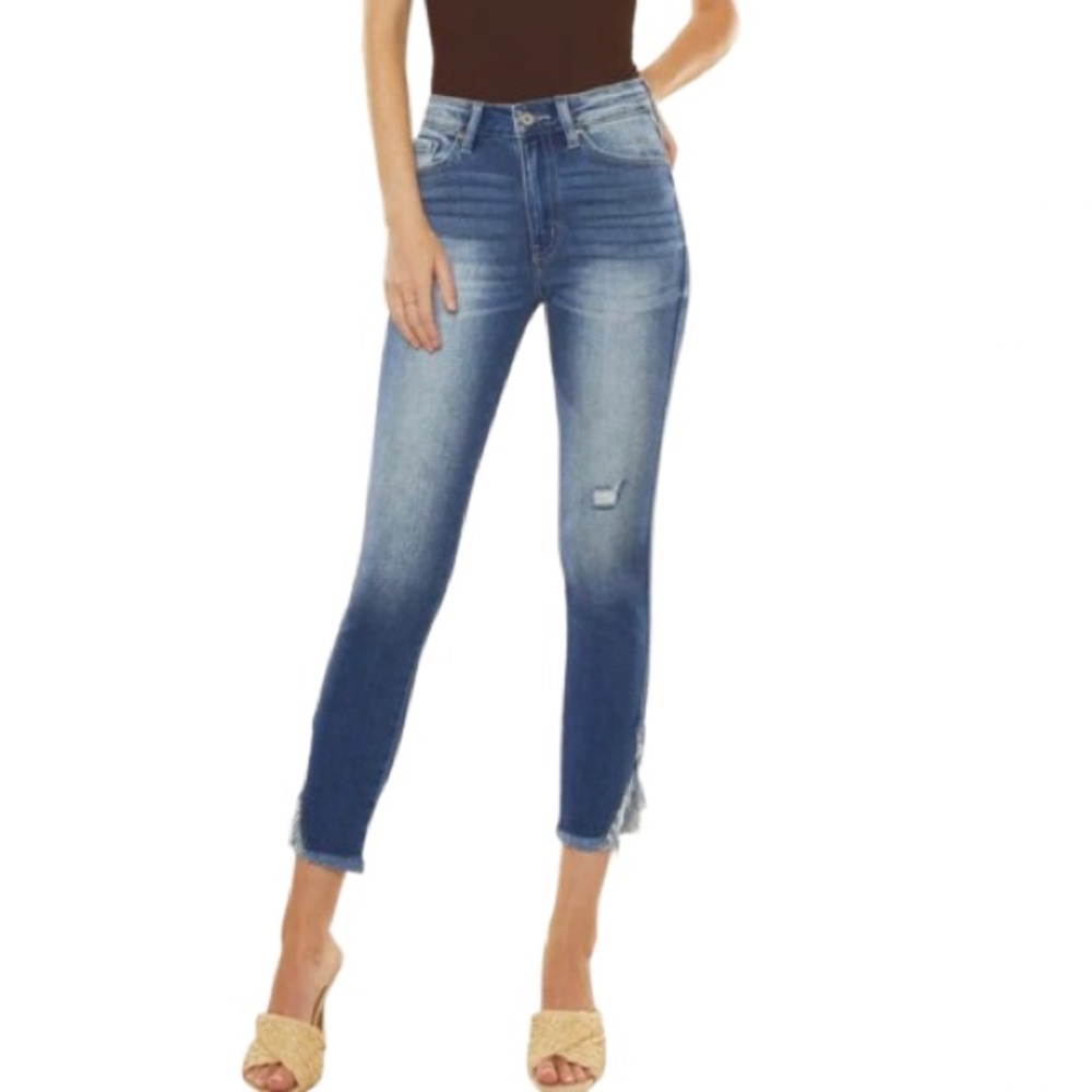Kancan Geneva High Rise Ankle Skinny Slit Raw Hem Jeans Faded Medium Wash Denim
